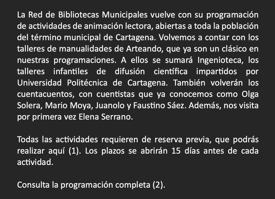 REGRESA LA PROGRAMACIÓN DE ACTIVIDADES DE LA RED DE BIBLIOTECAS MUNICIPALES

(1)--> avvpsa.es/a/299.html
(2)--> avvpsa.es/a/300.html

#poligonosantaana #construyendobarrio #avvpoligonosantaana #clubmayoresmayorazgo #unlocalsocialyaenpoligonosantaana #redbibliotecascartagena
