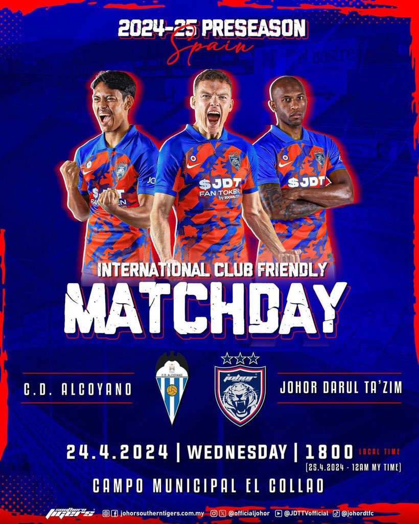 ⚽ C. D. Alcoyano vs Johor Darul Ta’zim 🏆 International Club Friendly 🏟 Campo Municipal El Collad 🕘 24.4.2024 - 6PM 🇪🇸 25.4.2024 - 12AM 🇲🇾 #Preseason #Spain #JDTinSpain #WhatCanYouDo #TheTMJEffect #JDTFamily #LuaskanKuasamuJohor