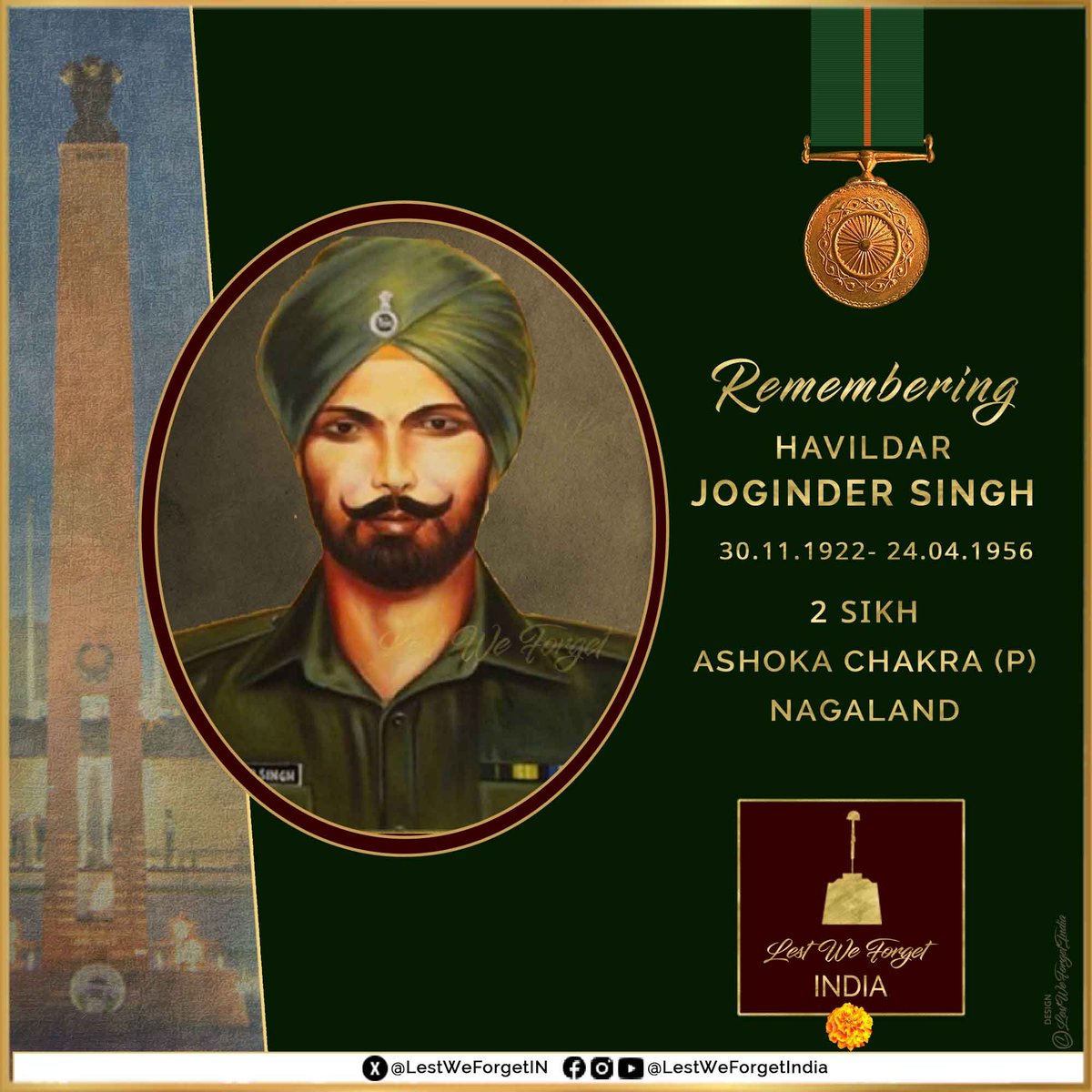 Remembering a gallant #BravestOfTheBrave #LestWeForgetIndia🇮🇳 Havildar Joginder Singh, #AshokaChakra (P), 2 SIKH. The #IndianBrave laid down his life fighting insurgents in an ambush near Phek, Nagaland #OnThisDay 24 April in 1956. In April 1956, Hav Singh was posted in