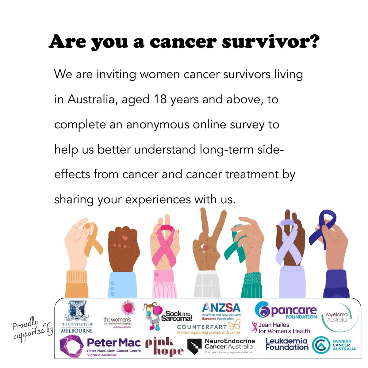 We are inviting women sarcoma survivors in Australia to complete an anonymous online survey to help us better understand long-term side effects from cancer by sharing your experiences with us. Please click on the link below to find out more: go.unimelb.edu.au/h98s