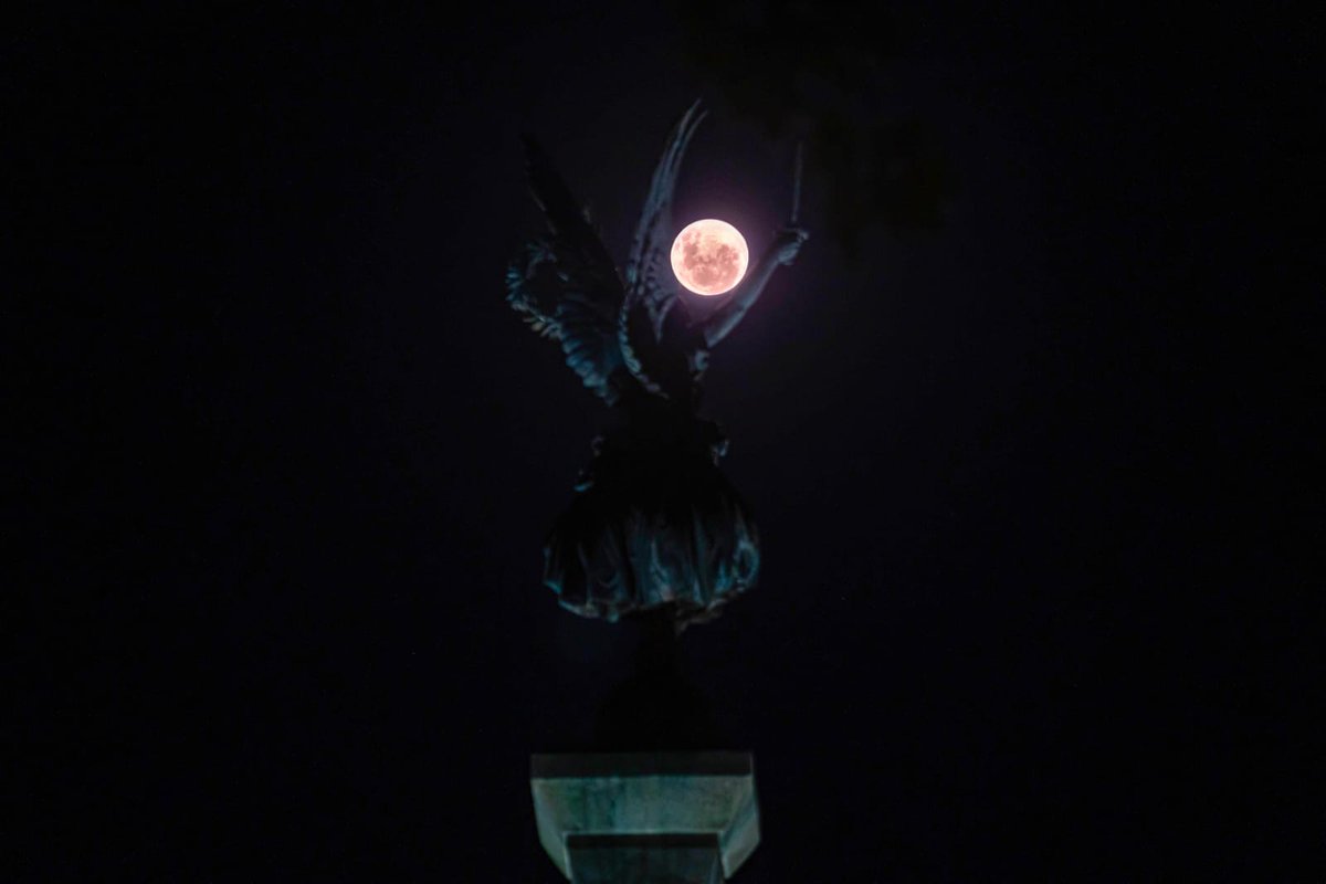 🌕😍| ¡Hermosa vista de la 'Luna Rosa' desde #Talca! 🩷 Registro de esta noche, donde se va a la Luna junto a la Estatua La Victoria en plena alameda de nuestra ciudad ☺️🗽, realizada por el fotógrafo Cristian Toloza ✨.