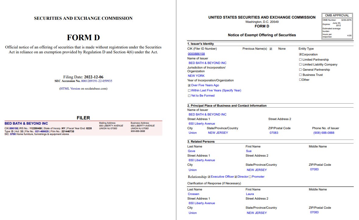 bbbyq_qybbb's tweet image. I didn't know that two Form D's were filed by 
Bed Bath &amp;amp; Beyond on 12/06/2022, with both of them 
having different private agreements🤨

One privately negotiated agreement with 7 investors
One privately negotiated agreement with 1 investor