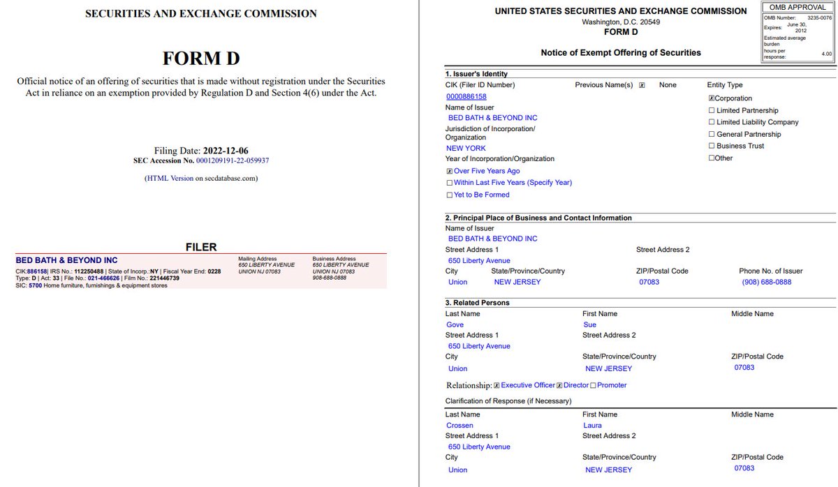 bbbyq_qybbb's tweet image. I didn't know that two Form D's were filed by 
Bed Bath &amp;amp; Beyond on 12/06/2022, with both of them 
having different private agreements🤨

One privately negotiated agreement with 7 investors
One privately negotiated agreement with 1 investor