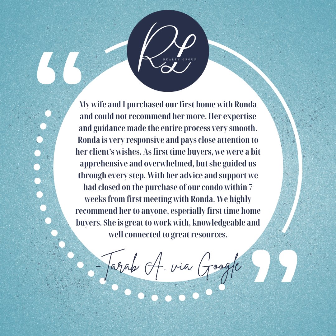 Tarab, Thank you so much for the 5 Star Review of my service as your Buyer's Agent. It was such a pleasure to help you and Jenna and I can't wait to hear how you settle in! -Ronda 💗

#review #ClientSatisfaction #fivestarservice #fivestarreview #thankyou #rlrealtygroup