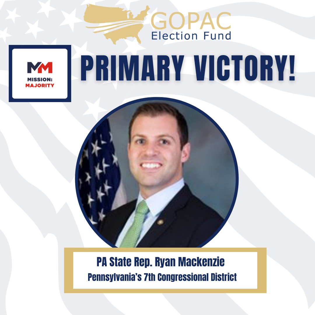 Primary victory alert! Congratulations to PA State Representative @ryan_mackenzie on his win tonight! On to the general election to represent the people of PA-07! #USHouseofReps #PA07