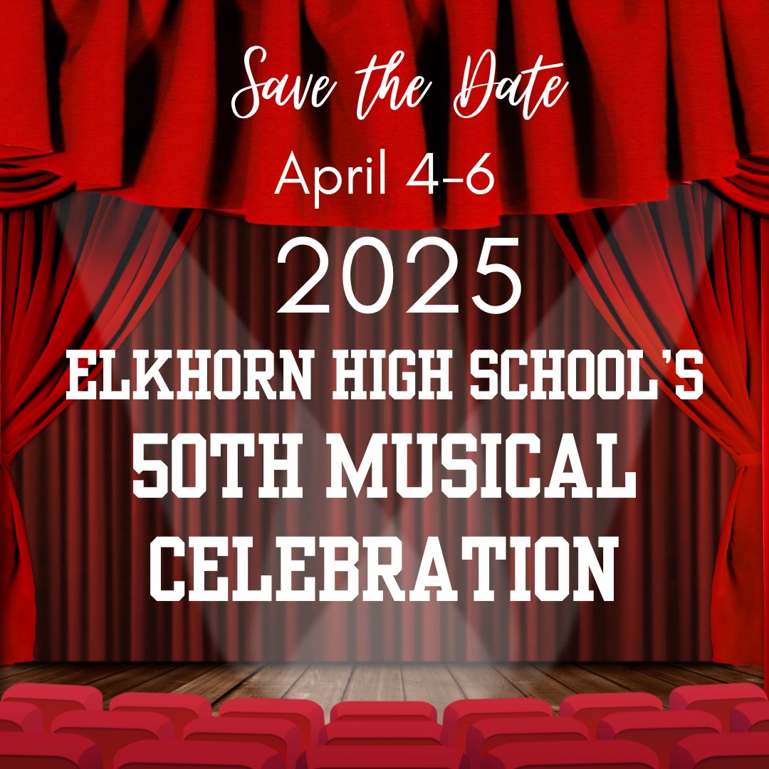 EHSings's tweet photo. We are SO excited to celebrate 50 years of musicals at Elkhorn High!  We know it’s early, but make plans to join us in April of 2025 for some special alumni events and a music reunion (of sorts)! ♥️🎵♥️

@EHSAntlerBands 
@ElkhornPS_EHS 
@EHS_Activity 
@ElkhornPS 
@FoundationEPS https://t.co/QX43mTU9tT