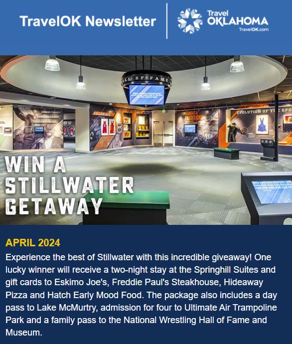 Enter before May 14th

@TravelOK  - @eskimojoes - @hideawaypizza - @earlymoodfood - @onlyinokshow - @visitstillwater 

travelok.com/contests