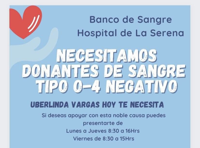 RUTHCASANGA's tweet photo. Ayuda solidaria!!! 
Se necesita con suma urgencia  donantes de sangre tipo 0-4 negativo para Uberlinda Vargas en el Hospital de La Serena 
Dona sangre 🩸 dona vida 😊
#donaciondesangre 
@Rh_Negativos https://t.co/ZdaUFxHUDF