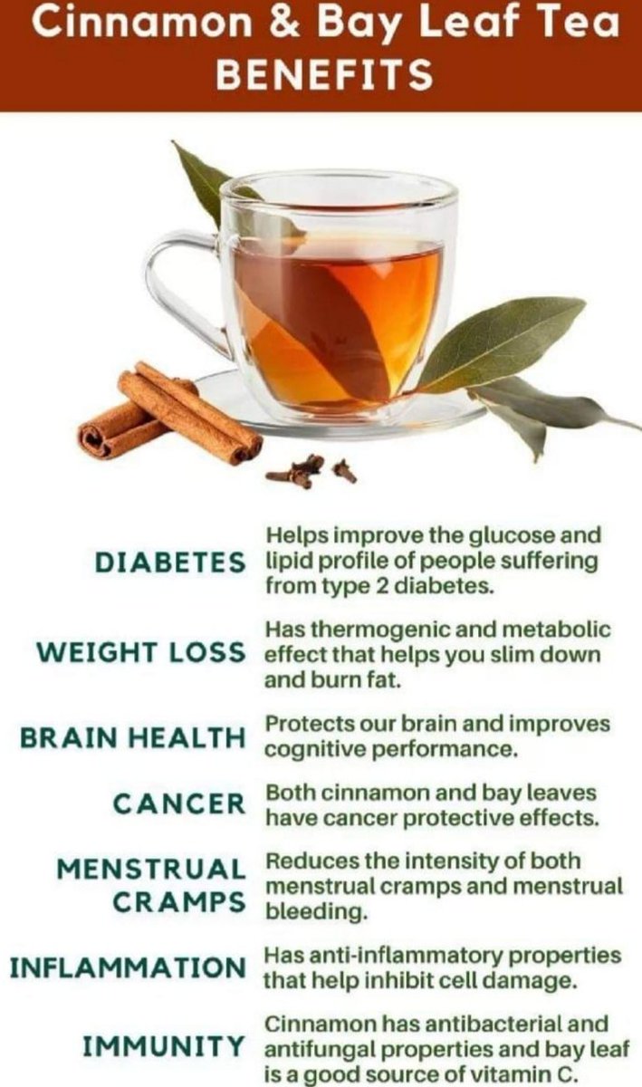 Amazing tea 🍵
Cinnamon and Bay leaf tea benefits 🌿🍵🌿#cinnamontea #healthyfood #healthylifestyle #weightloss #tea #healthyliving #natura #ginger #teatime #herbal #greentea #slim  #cinnamon #chai #tealover #spices #tealovers #Health #HealthyFood #HealthyChoices