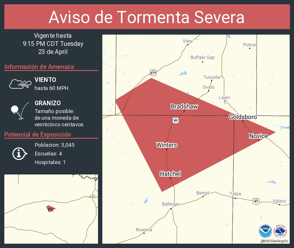 Aviso de Tormenta Severa incluye Winters TX, Novice TX, Hatchel TX hasta las 9:15 PM CDT