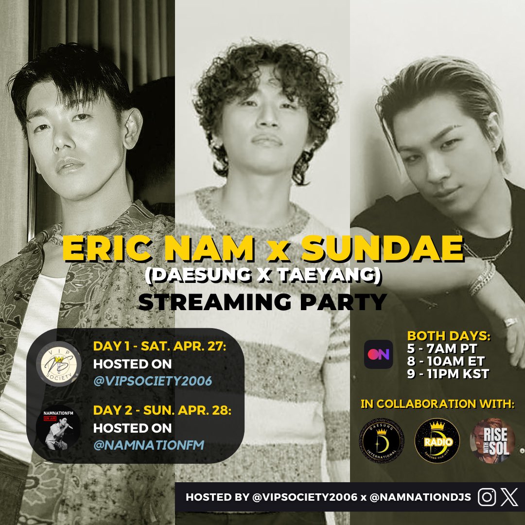 Get excited for this @STATIONHEAD collab with 🎵 by @ericnamofficial @d_lable @Realtaeyang!

Join us both days: 8am ET|9pm KST!
Sat. 4/27 @VIPsociety2006
Sun. 4/28 @ namnationfm
@enmgmt @eddienam @briannam10 @YG_GlobalVIP @namnationdjs

#EricNam #에릭남 #BigBang #Daesung #Taeyang