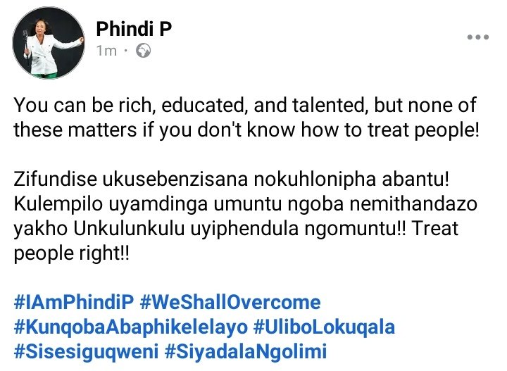 @ukhozi_fm @Phindi_P_ #Ulibolokuqala
#Ukhozifm
#VukaWembatheAmandlaAkhoSiyoni
#Sisesiguqweni
Thobeka umuntu, ngumuntu ngabantu mazise omunye umuntu