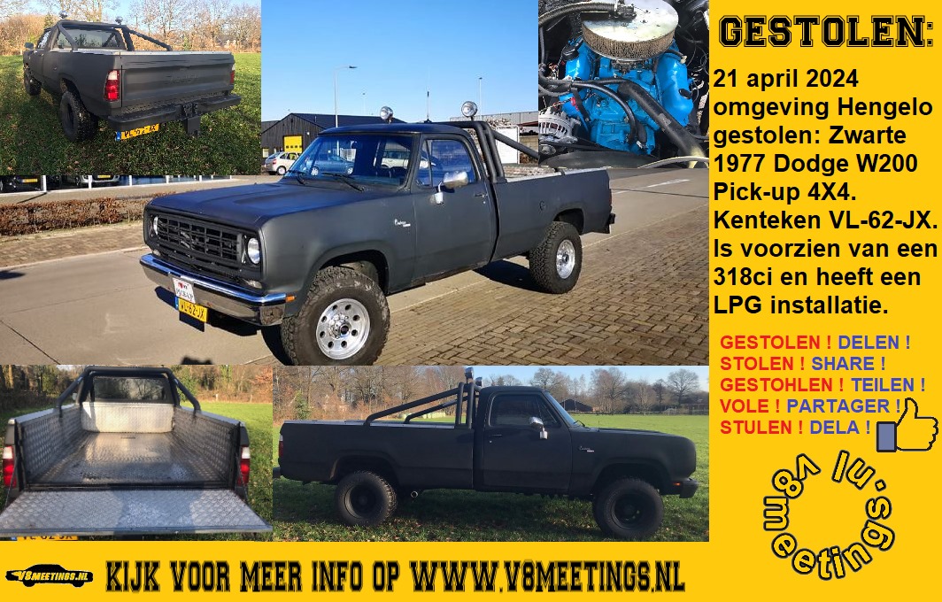 v8meetings's tweet photo. 21 april 2024 omgeving Hengelo gestolen: Zwarte 1977 Dodge W200 Pick-up 4X4. Kenteken VL-62-JX.
Is voorzien van een 318ci en heeft een LPG installatie.
https://t.co/9Ppm6K50LG https://t.co/1ikqMtI76i