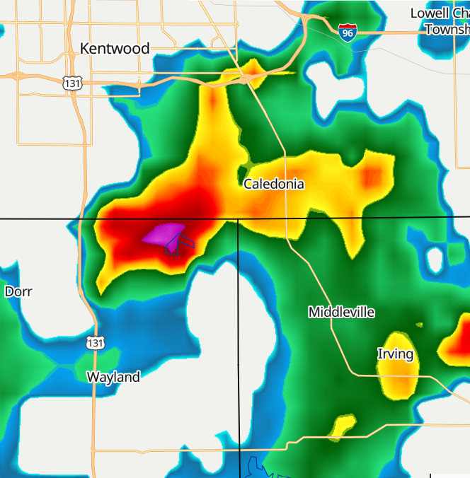 Here's radar - The tornado warning only includes a very small part of far south Kent Co. This center of rotation is near Middleville. Hail has been reported with this storm. No confirmed tornado as I type this, but we do have a 'hook echo' at the southwest edge of this storm.