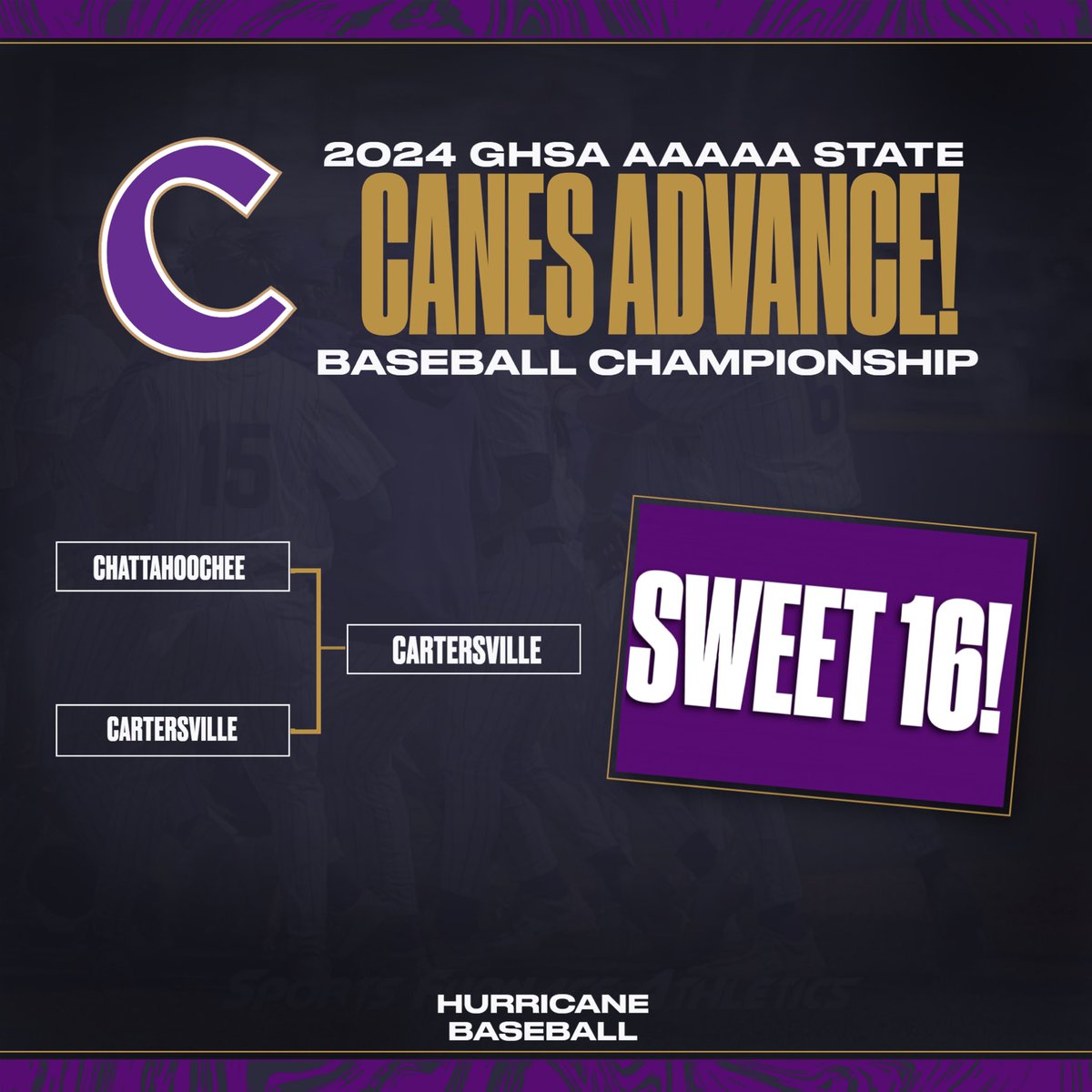 Canes ADVANCE! Cartersville completed a sweep of Chattahoochee with a 5-2 win to advance to the Sweet 16 for the 6th-straight season & 27th time in the past 28 seasons.