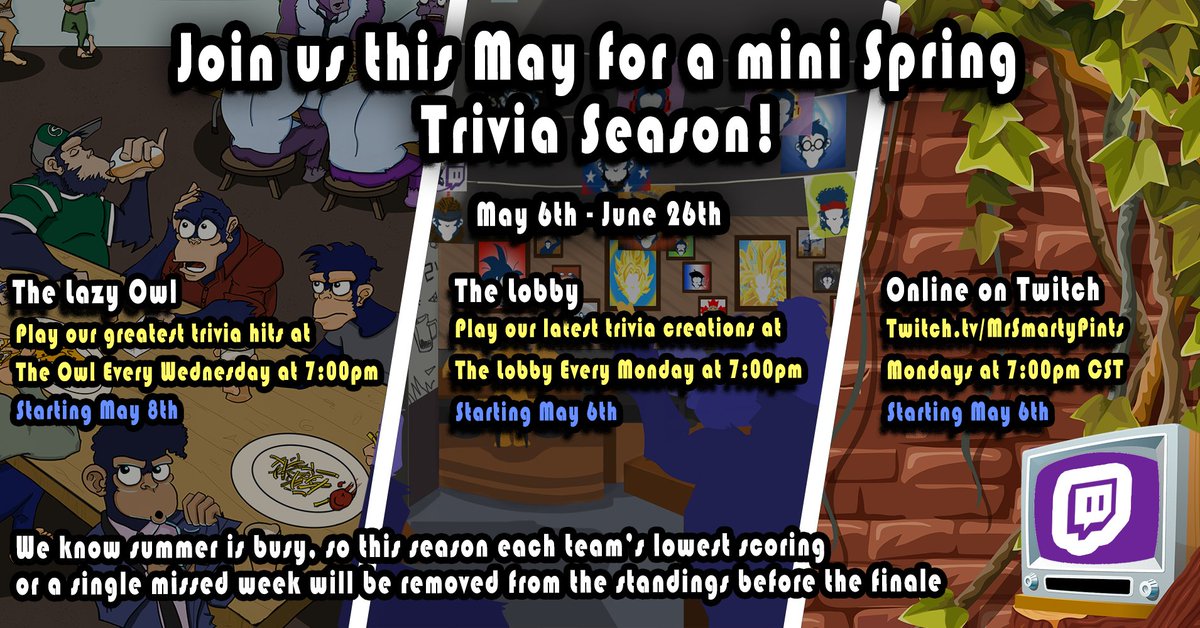MrSmartyPints's tweet image. We're back by popular demand for a mini Spring season!

Join us at 7:00pm starting Monday May 6th at @thelobbykb  and Wednesday May 8th at @lazyowlyqr .

Cya in two weeks!