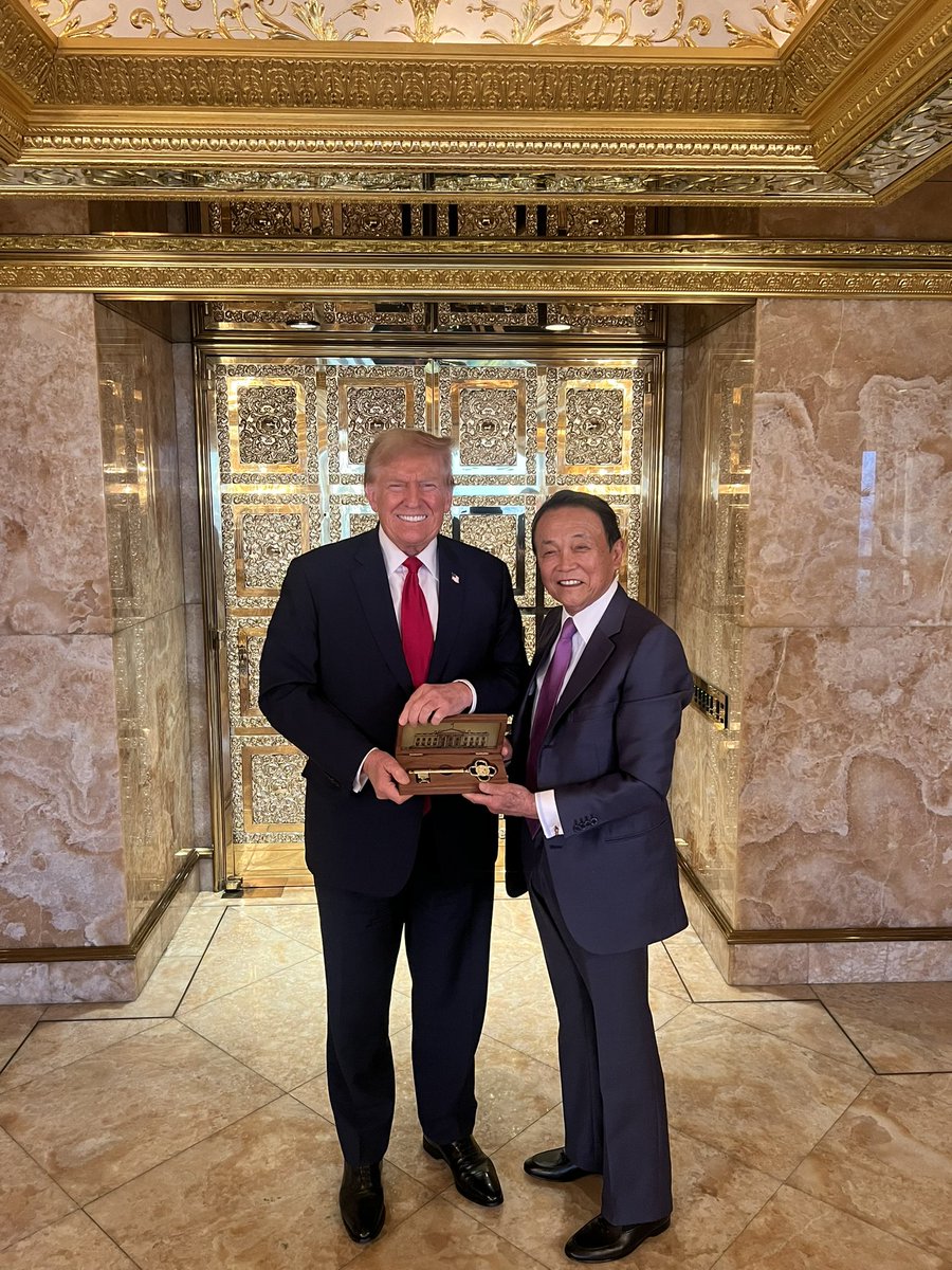 President Donald Trump met tonight in New York with Taro Aso, former Japanese Prime Minister and current Vice-President of Japan’s governing Liberal Democratic Party.   The two discussed the enduring importance of the US-Japan alliance to both countries’ physical and economic