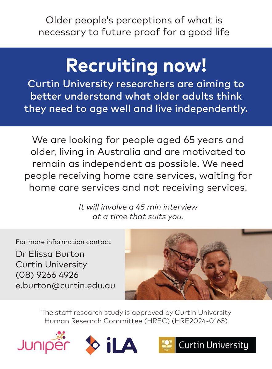 If you are 65 or older, living in Australia and want to live independently we would love to interview you for our research project. We are also looking to interview people receiving home care services or have been assessed and are waiting to receive their home care services.