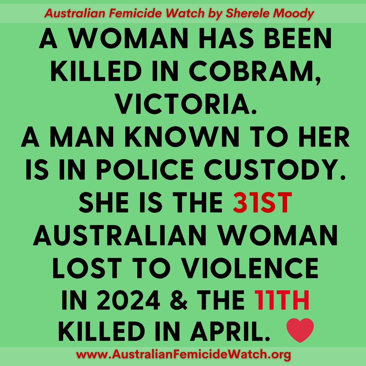 For the 31st time this year - and the 11th time this month - I'm sadly and maddingly reporting another woman killed. 
A 49-year-old woman has been killed in a home at Cobram in Victoria. 
A man known to her is in custody and assisting police. She is the 31st woman killed this