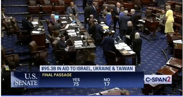 🚨BREAKING: The Senate just passed the foreign aid bill which includes aid to Ukraine, Israel and Taiwan. It now goes to President Biden's desk to be signed into law.