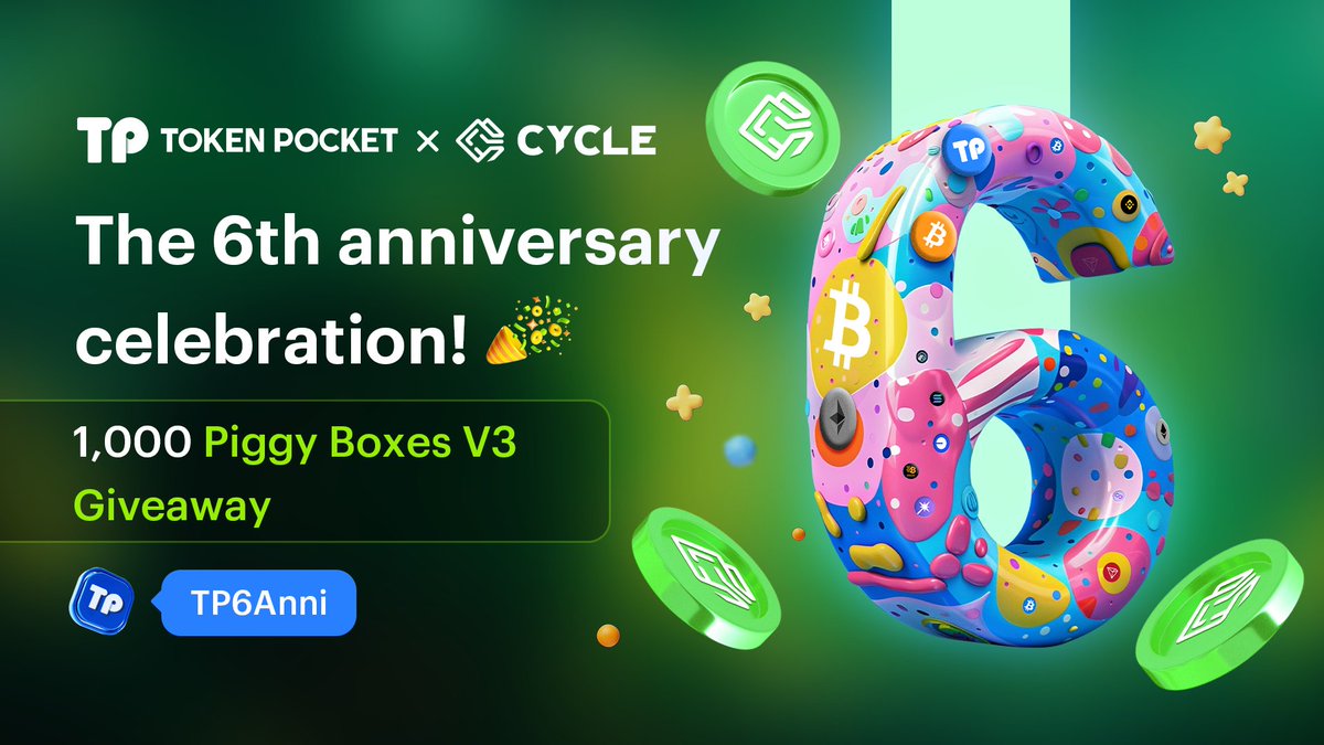 🎇Happy #TP6Anni!! 💙Join and win 1,000 Piggy Boxes Giveaway on @Galxe! 👉app.galxe.com/quest/TokenPoc… 🟩Cycle Network @cyclenetwork_GO is a trustless omni-distributed Ledger with a global state view of all blockchains. Cycle uses multichain ZK-Rollup technology which extends the…
