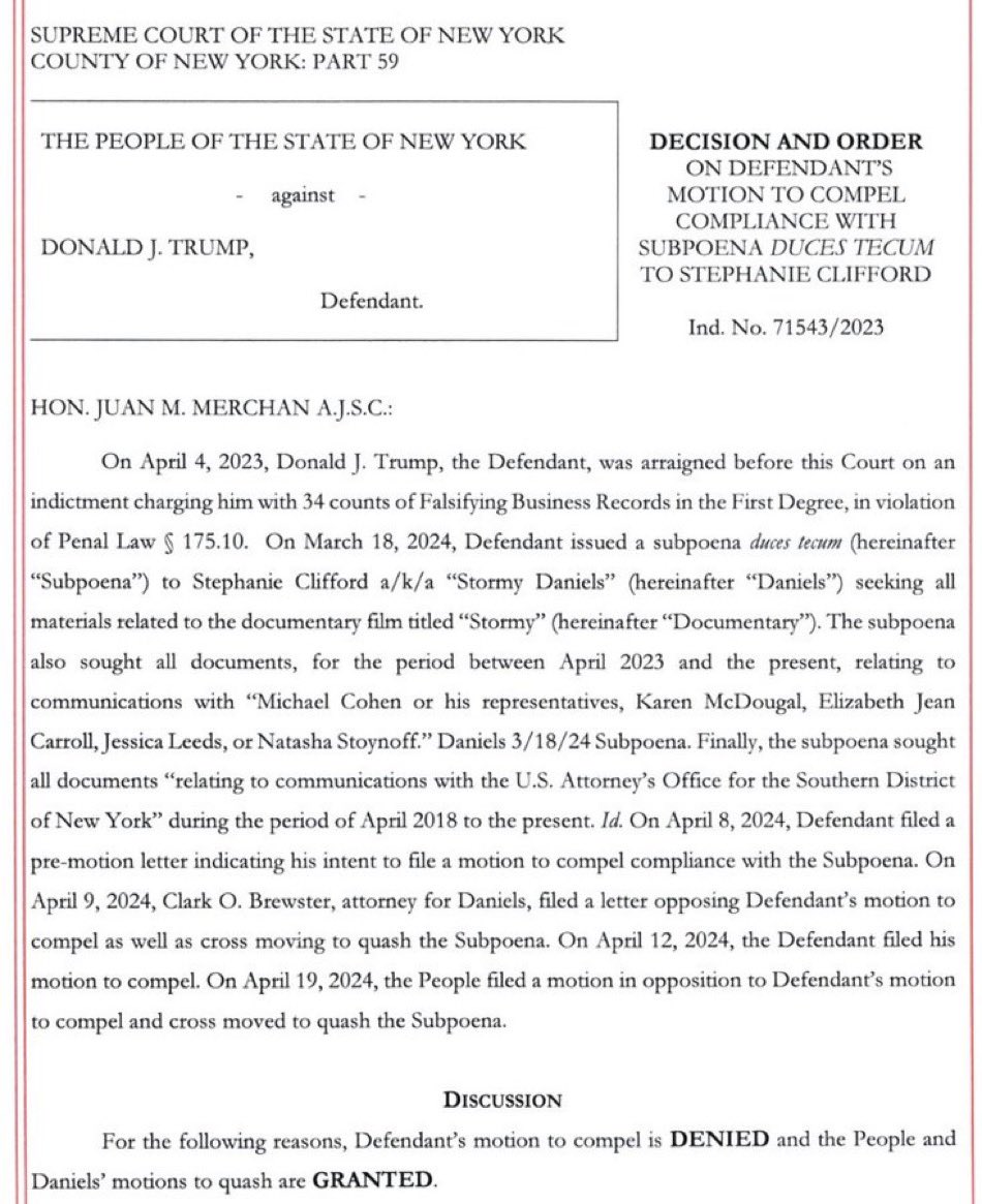 LAWFARE: Justice Merchan is denying Trump’s requests to subpoena Stormy Daniels, Cohen, Karen McDougal, E Jean Cartoll, Jessica Leeds, or Natasha Stoynof. Trump cannot get a fair trial in NYC.