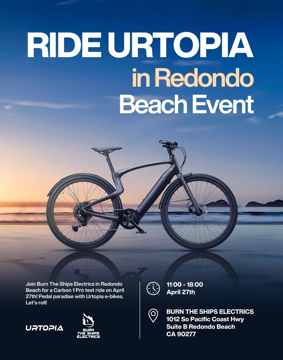 Get your Carbon 1 Pro ready this Saturday at Burn The Ships Electrics! Address: 1012 S Pacific Coast Hwy Suite B, Redondo Beach, CA 90277 newurtopia.com/pro.../urtopia…... #urtopiaebike #urtopiacarbon1pro #ebike #ebikelife #ebikes #ebikestyle #ebiketest #testride #biketestrid