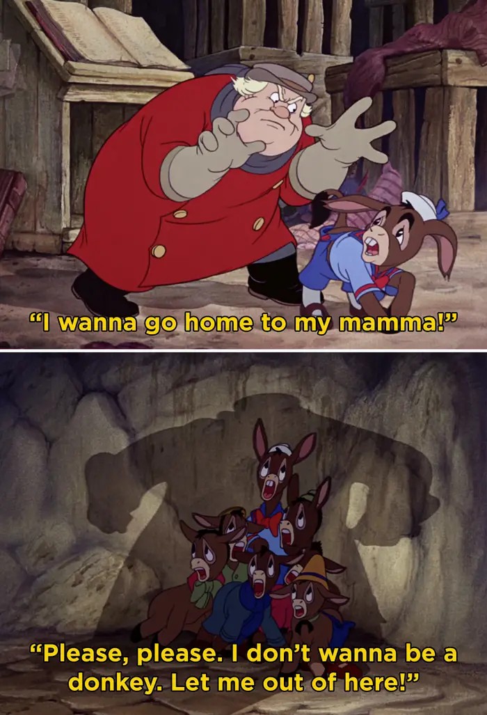 Primero, en Pinocho , cuando los niños eran convertidos en burros.

"Esta escena fue muy inquietante, especialmente cuando todos lloraban por sus mamás. Todo el momento fue realmente aterrador".