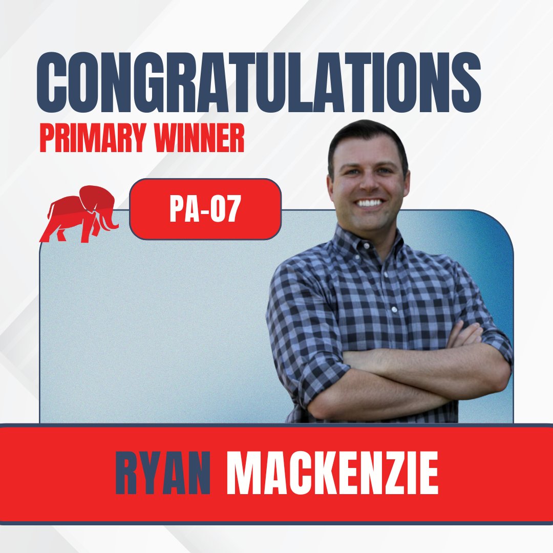 Congratulations to Ryan Mackenzie on his primary victory.

@Ryan_Mackenzie's strong ties to the community and effectiveness in representing Lehigh County in the state Capitol puts Republicans in a prime position to flip #PA07 red.