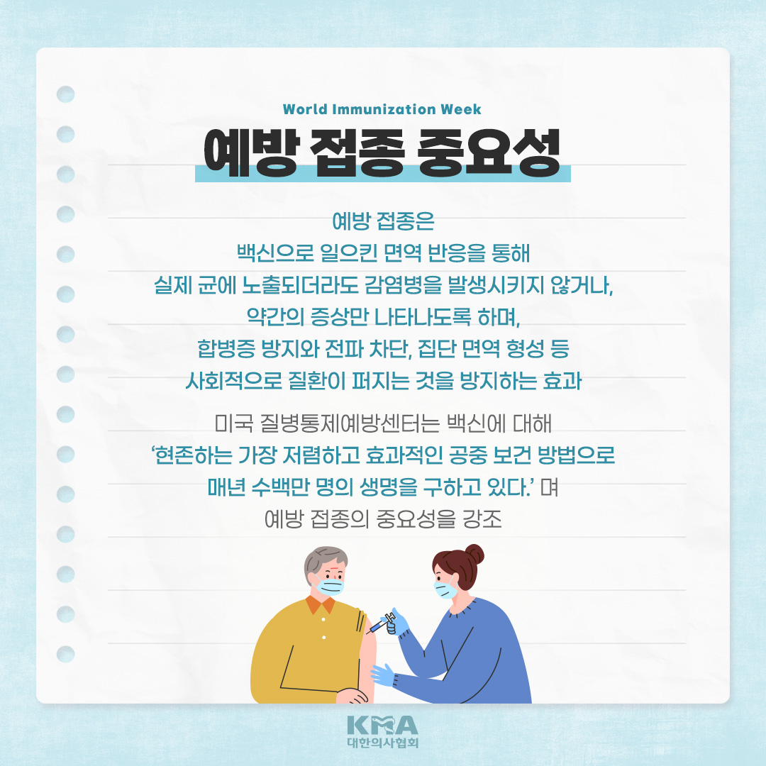 kmasns's tweet photo. #세계예방접종주간
세계보건기구(WHO)가 예방 접종에 대한 중요성 강조와 전 세계인들의 예방 접종 촉진을 목표로 하여 매년 4월 마지막 주(24~30일)로 지정한 날입니다.

예방 접종은 감염병으로부터 우리를 보호하는 중요한 역할을 하므로 자신에게 맞는 예방 접종을 하는 것이 좋습니다. https://t.co/G7wafuaPed