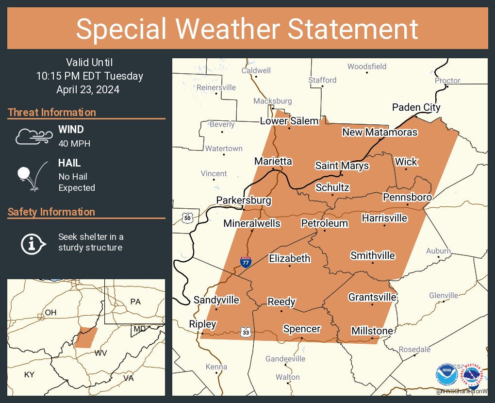 A special weather statement has been issued for Parkersburg WV, Marietta OH and Ripley WV until 10:15 PM EDT