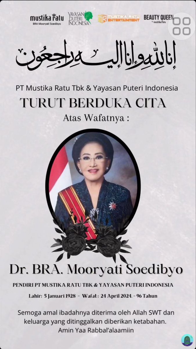 💚 Guys ada kabar duka. Pendiri PT Mustika Ratu TBK dan Yayasan Puteri Indonesia telah berpulang 🥀