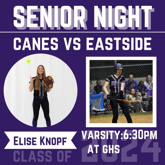 Join us tomorrow night at GHS Softball field as we celebrate Elise Knopf for Senior night and play Eastside HS!