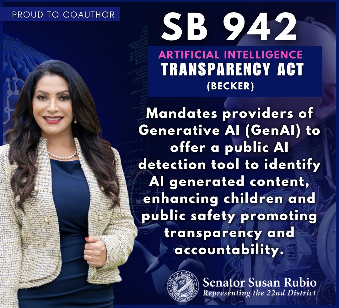 Proudly co-authored #SB942, the #California AI Transparency Act, mandating GenAI providers to offer tools detecting AI-generated content. As AI and deepfakes expand, dangerous fake videos,deceptive calls and more are risks. We must #protectprivacy and adapt. #privacy #CAleg