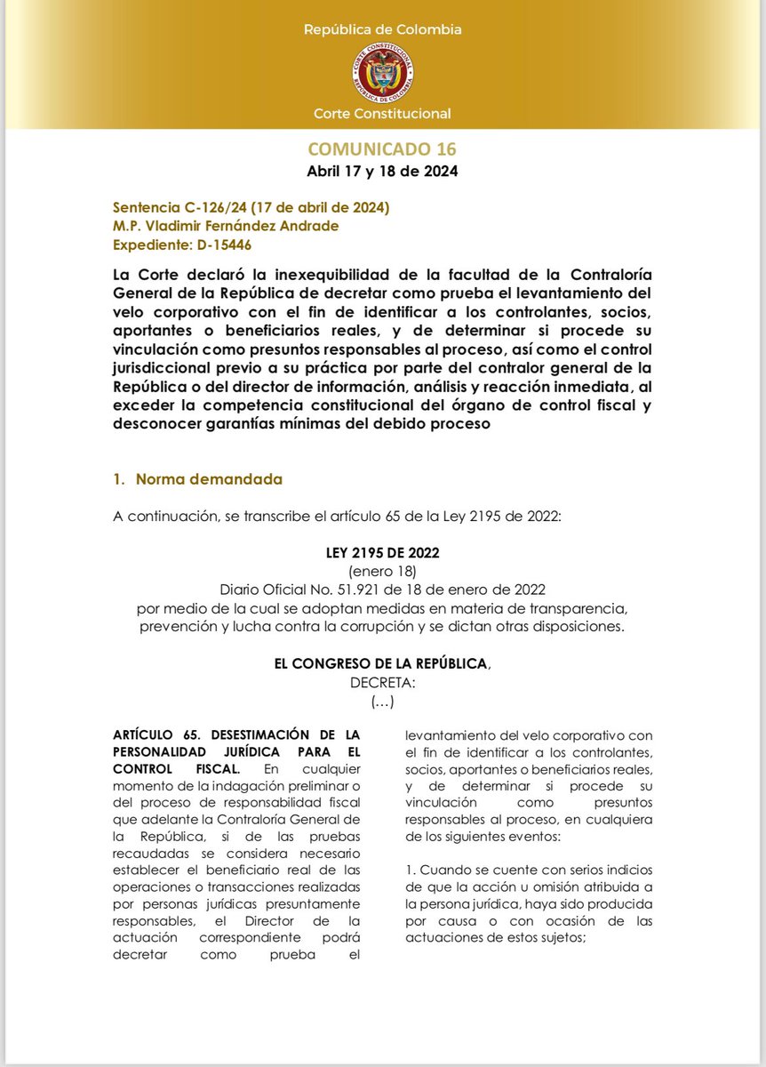 Inexequible la facultad de la Contraloría para levantar el velo corporativo en procesos de responsabilidad fiscal, como se advirtió en su momento. Se tenía que caer.