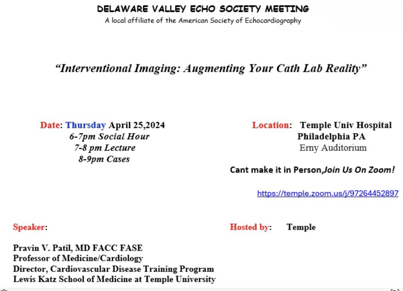 Join the @DVESociety for our next meeting this Thursday 4/25 at 6pm! ⭐️ “Interventional Imaging: Augmenting your Cath Lab Reality” with Keynote Dr. @pravinp8! at @TempleHealth @TJHeartFellows @PennCVFellows @LankenauCV @CooperCVFellows