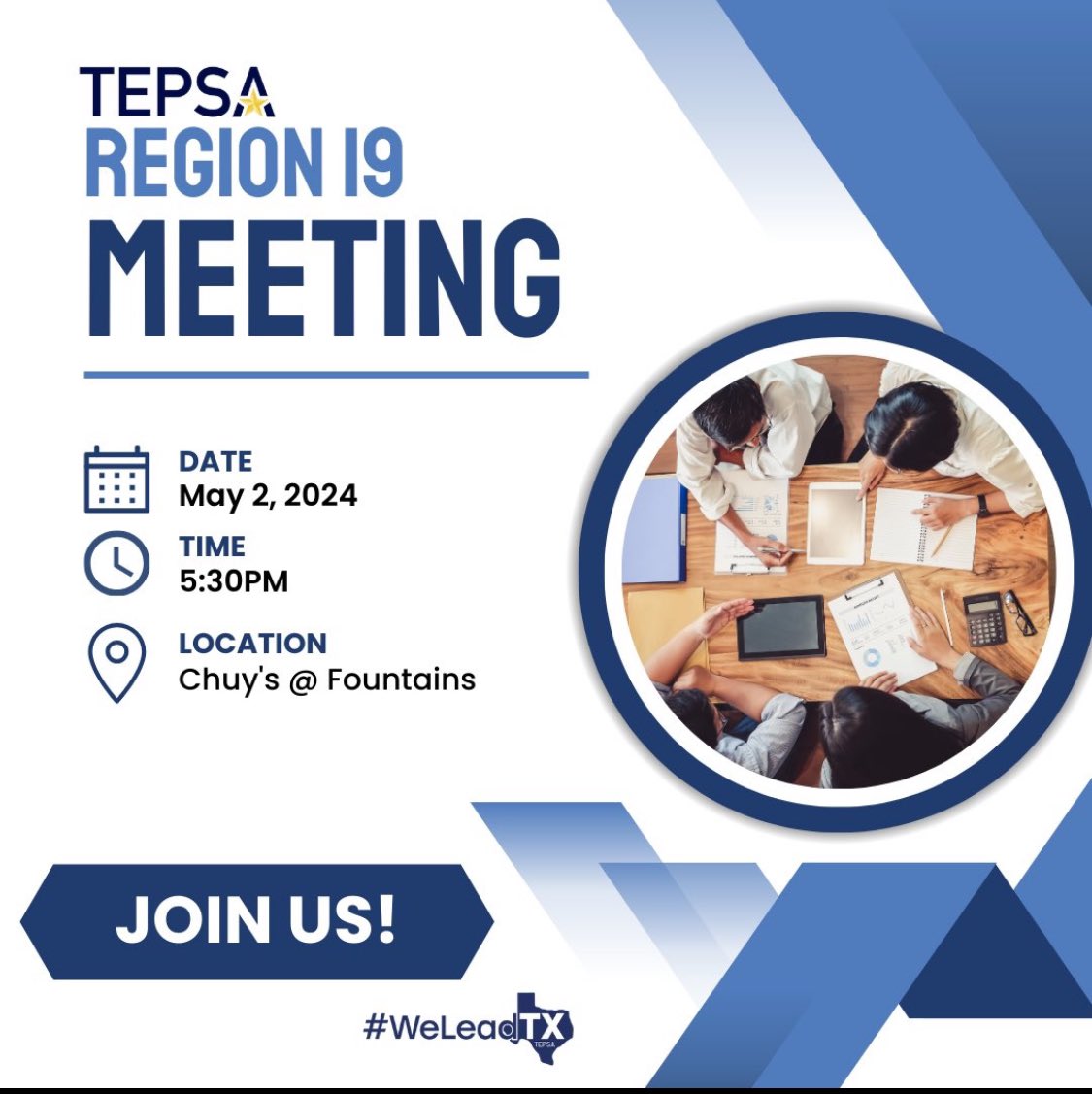TEPSA Region 19 Spring Meeting is just around the corner!   We would love for you to join us for a fun filled night of networking, member updates & some leadership speed dating 😉!  Make sure to bring a friend. #WeLeadTX #LeadershipMatters @TEPSAtalk