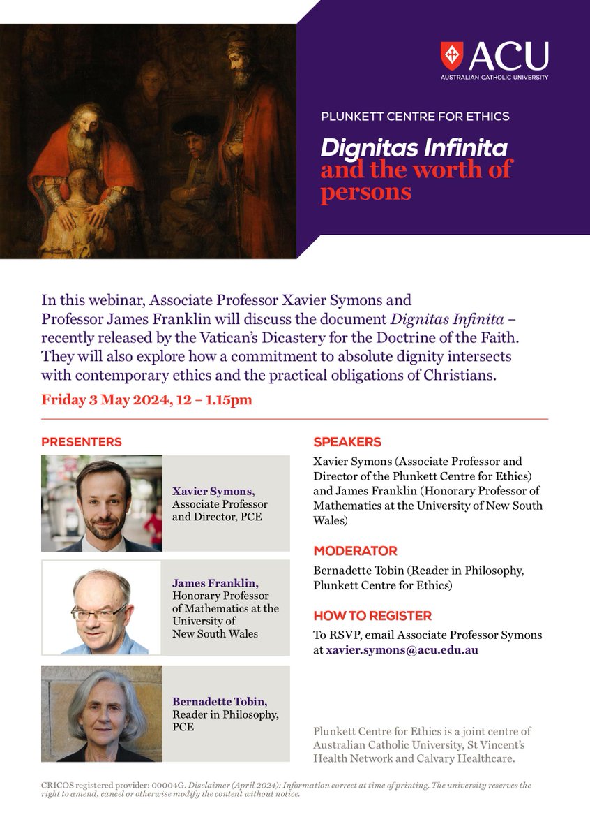 Very excited about this Plunkett Centre webinar with Jim Franklin on Dignitas Infinita and the worth of persons. Let me know if you're keen to tune in!