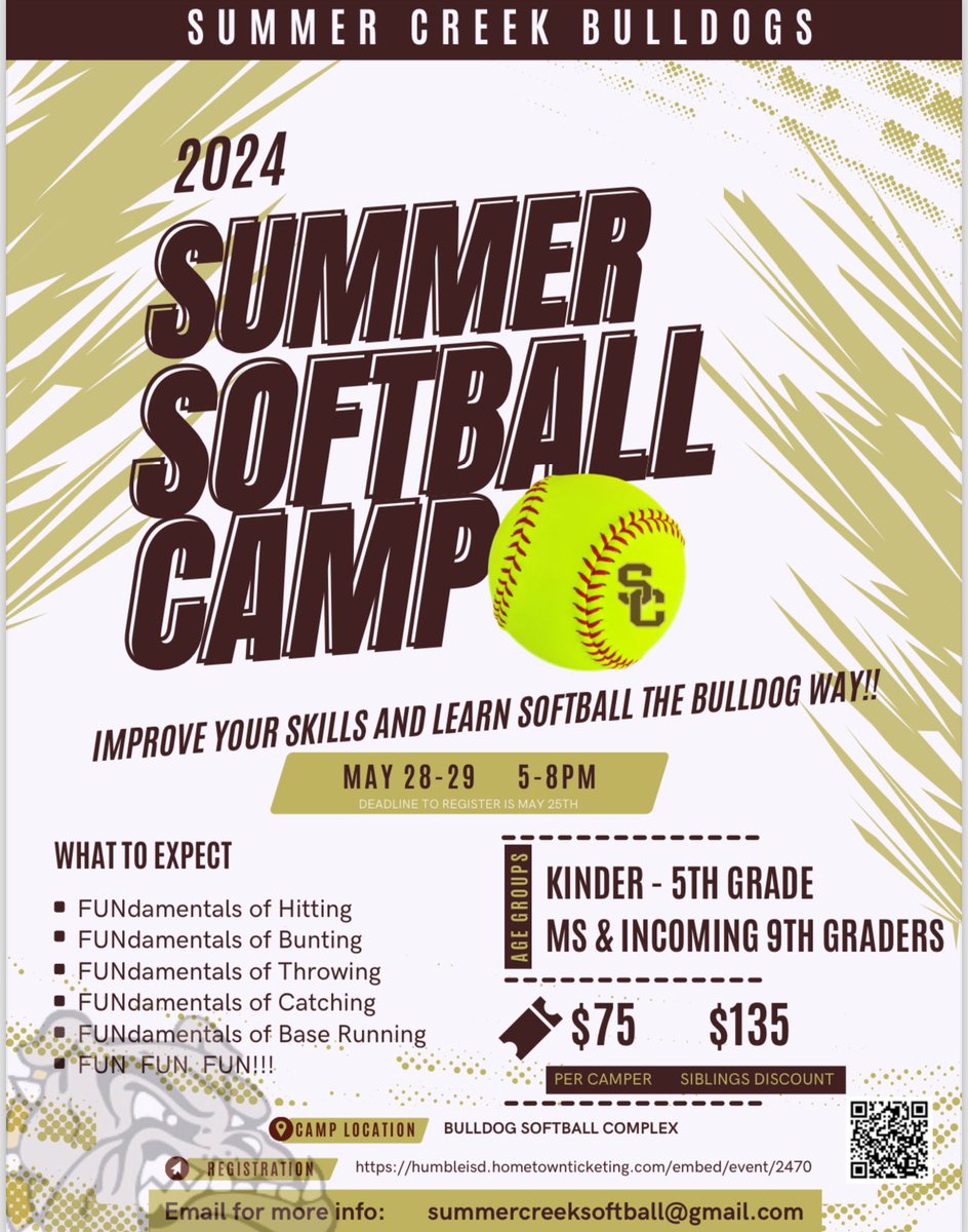 SC SOFTBALL SUMMER CAMP ** May 28th & 29th Camp is available for Kinder - Incoming 9th Graders - Online registration/payment link humbleisd.hometownticketing.com/embed/event/24… @HumbleISD_SCHS