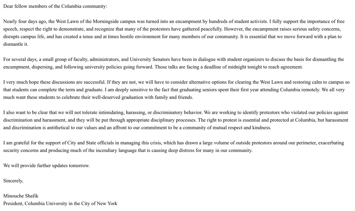 prem_thakker's tweet photo. NEW—Columbia President Minouche Shafik:
Faculty, admin, organizers in "dialogue" about ending encampment. Midnight "deadline" tonight.
Hopes discussions are successful.
"If they are not, we will have to consider alternative options for clearing the West Lawn and restoring calm…" https://t.co/zxIBkIFd9R
