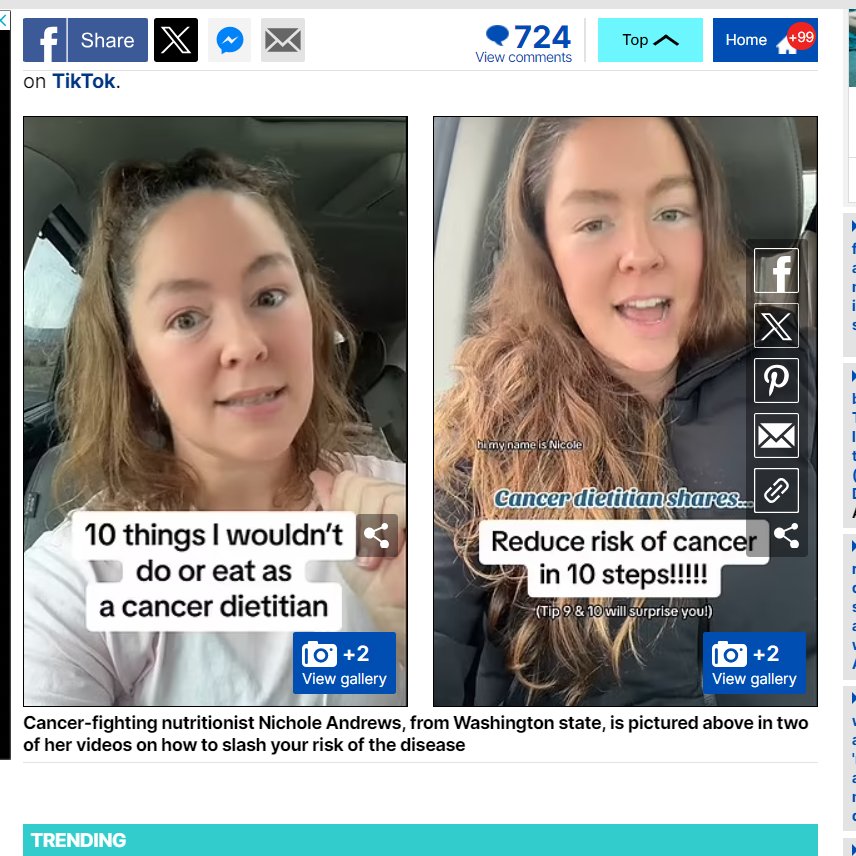 The Daily Mail, featuring Nichole Andrews, RD, specializing as a Cancer Nutritionist.

Digging into her history reveals profit & deception.

She is Anti-Keto stating, 'Our bodies are built to have 50% of our calorie intake from carbs because that's our body's preferred energy