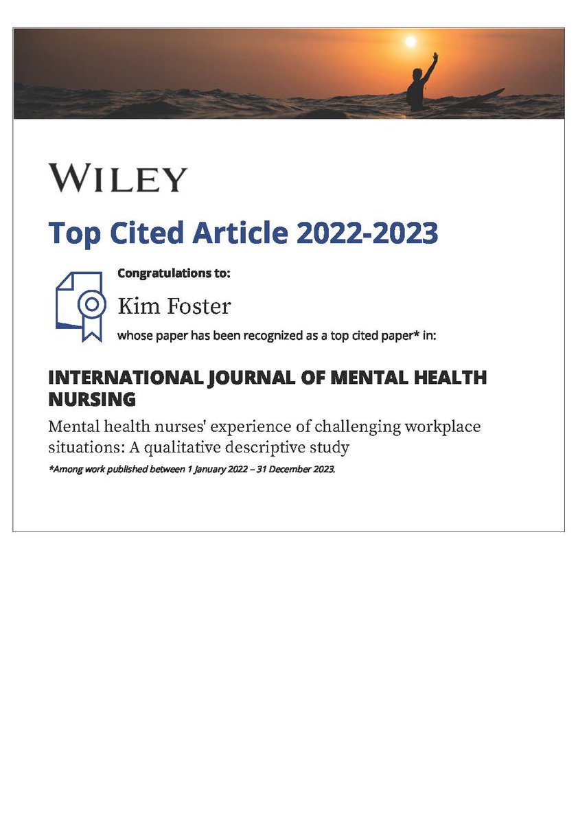 Our research (with Kylie Cranage) on mental health nurses' experiences of challenging situations at work has been recognized as a top downloaded paper in @IJMHN @ACUmedia #TopCitedArticle