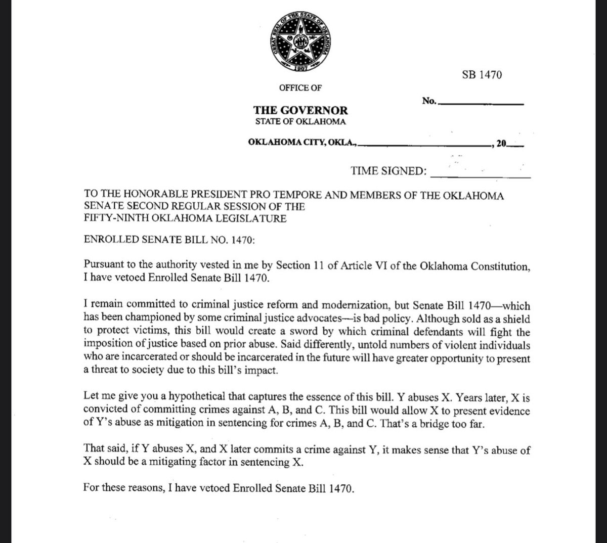 CindyNguyenOK's tweet photo. Gov. Stitt just vetoed the Oklahoma Survivor’s Justice Bill, SB 1470.

This bill would have allowed judges to take into consideration evidence of domestic violence while sentencing survivors for fighting back or for crimes committed during survival.

#OKLeg can still override. https://t.co/00eHAdGQWE