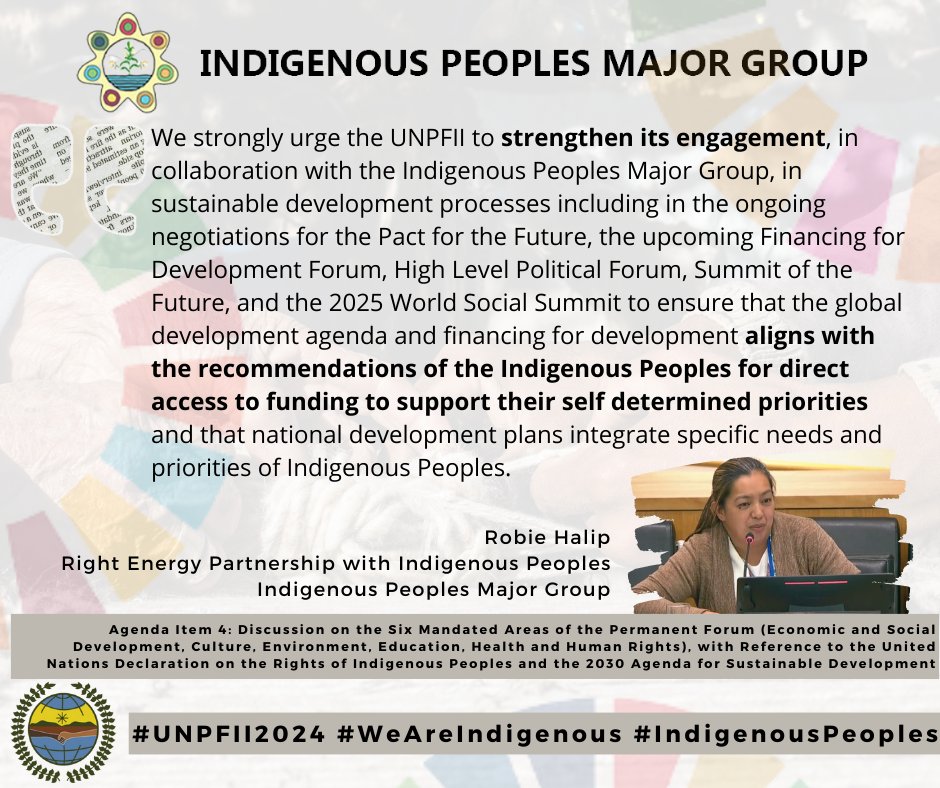 #UNPFII2024 | Statement on Agenda Item 4: Discussion on the Six Mandated Areas of the Permanent Forum delivered by @RobieHalip on behalf of IPMG and the Right Energy Partnership with Indigenous Peoples. Read the full statement here: bit.ly/4bcBCDr #IndigenousPeoples