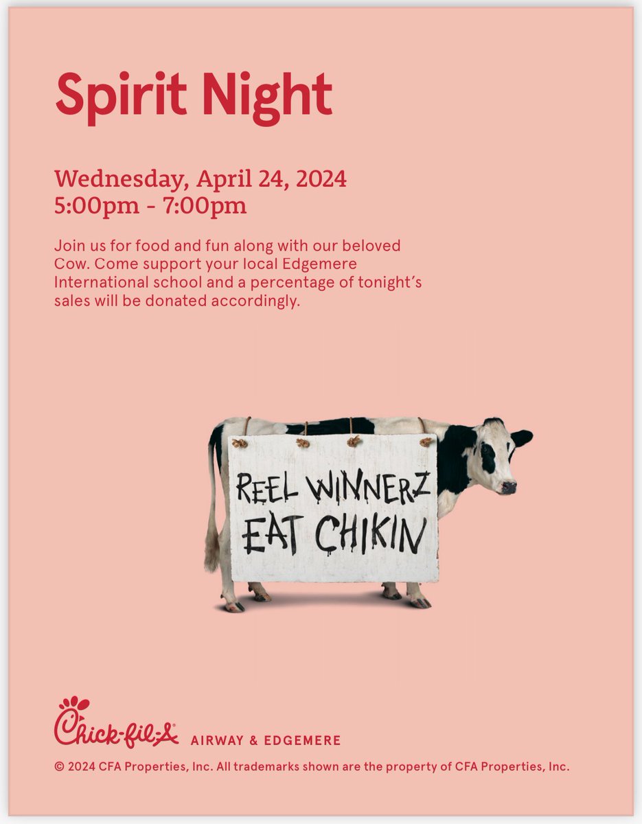 🎉 Exciting news! Join us for a delicious dinner tomorrow at Chick-fil-A and show your support for our school! 🍗🥤 Let's come together for a great cause! #SupportOurSchool #ChickfilA #CommunitySupport @Gmaria1G @mmartinez915