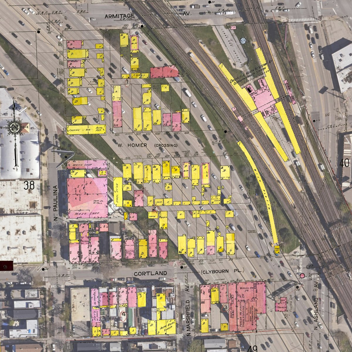 Superimposing old Sanborn maps over modern aerial imagery can reveal a lot about the past. In this case, it shows just how much housing was lost to urban expressways. In this handful of Chicago blocks, 35 dwellings and 10 flats were lost. That's, at bare minimum, 55 units gone.