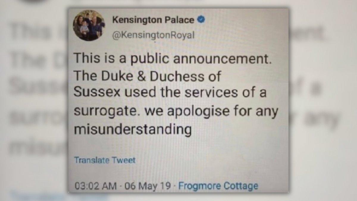 A screenshot that purportedly shows that Prince William and Kate Middleton tweeted about Harry and Meghan using a surrogate for their pregnancy is fake. snopes.com/fact-check/har…