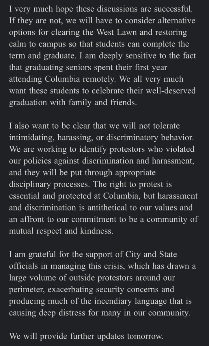 NoahHurowitz's tweet photo. Columbia University president Minouche Shafik gives a deadline of midnight tonight to reach agreement to dismantle the Gaza solidarity encampment.

If no agreement is reached, “we will have to consider alternative options for clearing the West Lawn” https://t.co/x5U0bsz8fi