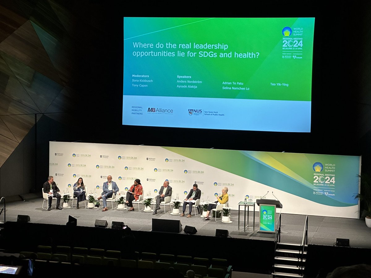 Now happening @whsmelbourne24: an engaging panel discussion unpacking where the real #leadership opportunities lie for #SDGs and #health. Insightful & thought-provoking remarks from @yodifiji, @NordstrmAnders, @itsselinalo, Adrian Te Patu, Teo Yik-Yeng, @IlonaKickbusch & Tony…