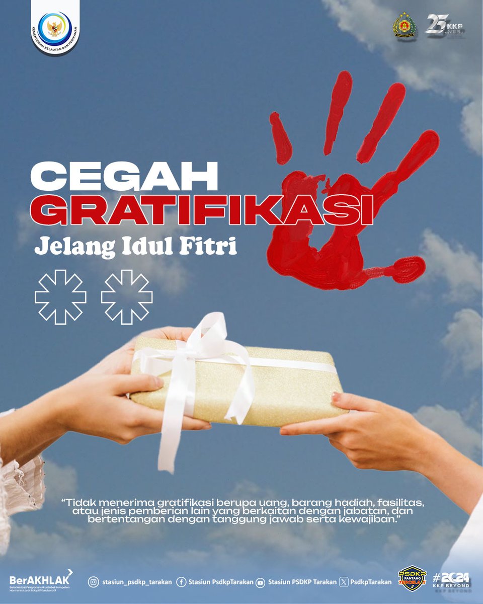 Halo#sahabatbahari
Cegah Gratifikasi menjelang Idul Fitri dengan tidak memberikan hadiah maupun fassilitas lain ya!
#25TahunKKP #SailBeyondWithBlueEconomy #2024KKPBeyond #EkonomiBiru #MenteriKKP #KKPGOID #SaktiWahyuTrenggono #EkonomiBiruUntukIndonesiaEmas #PSDKPHebat